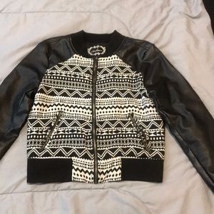 Black and white fabric leather jacket